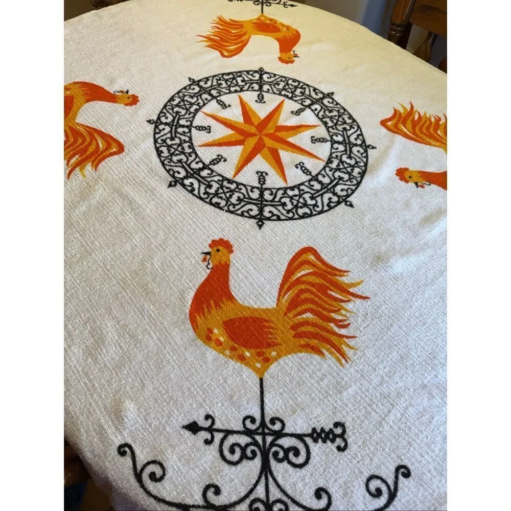 Vintage Terrycloth Chicken Rooster Tablecloth MCM Mod READ